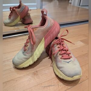 Hoka Athletic Shoes in Pink and Yellow